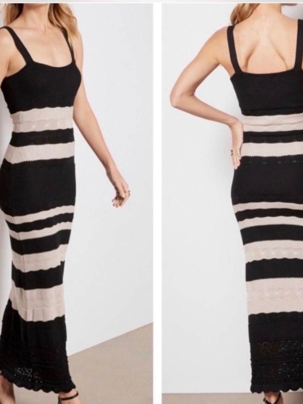 Evereve Correy Black Beige Striped Knit Maxi Dress Scoop Neck Sleeveless XS Tank